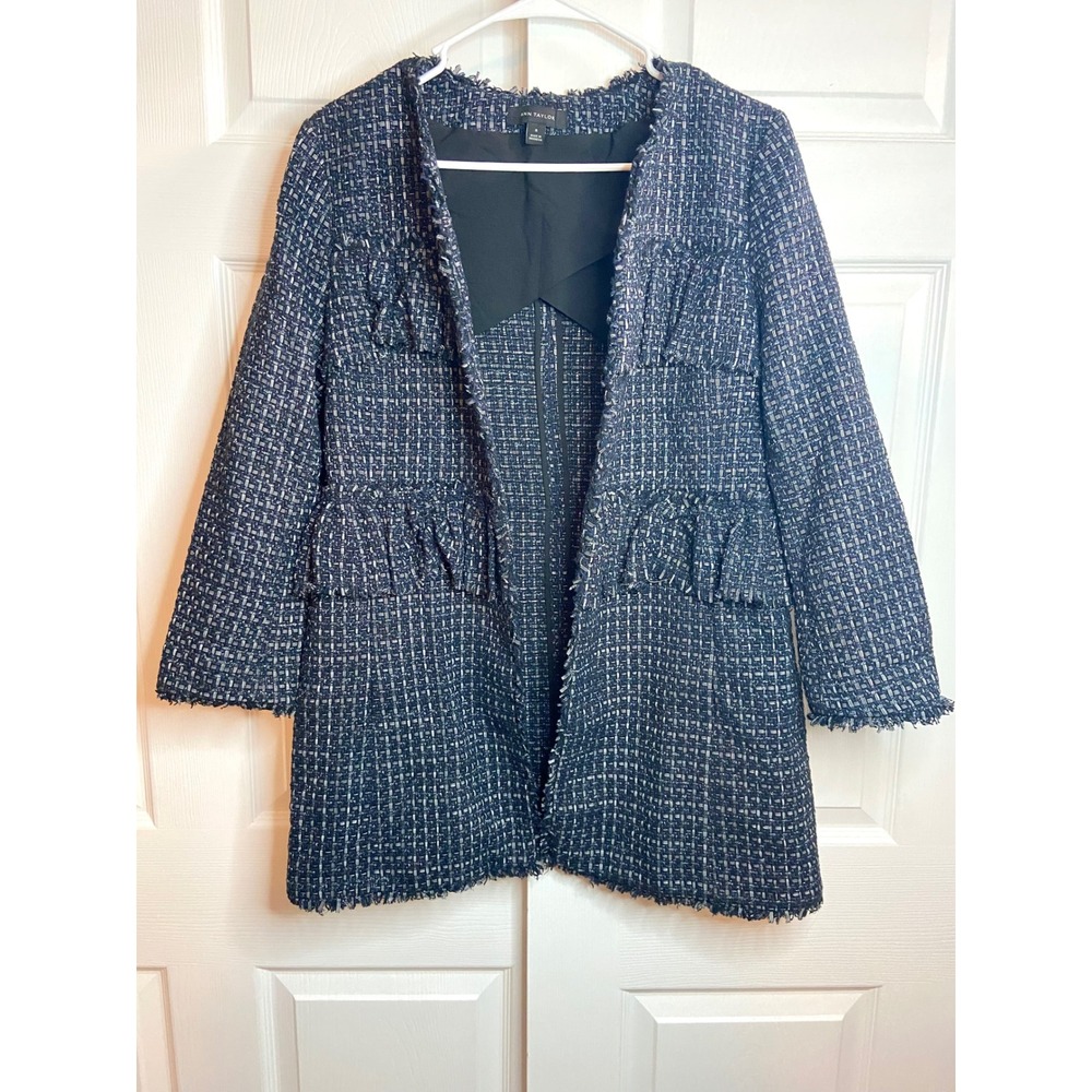 Ann Taylor Tweed Coat Navy White Ruffle Fringe Trim Collarless Preppy